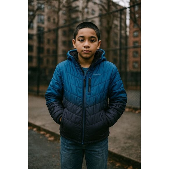 Eddie Bauer Youth Hooded Jacket L 14/16 Blue Ombre Reversible Sherpa Puffer - Picture 1 of 9